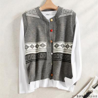 费尔岛提花毛衣马甲女款针织背心女秋外穿日系覆古别致叠穿小坎肩