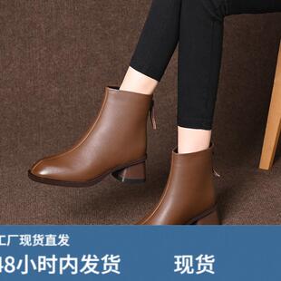 中跟棕色短靴女2025年新款春秋季圆头加绒棕色法式真皮鞋粗跟单靴