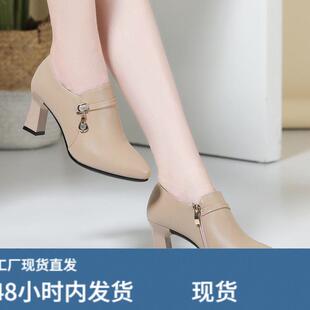 欧洲站深口单鞋女软皮中跟秋款皮鞋2026春秋季百搭女鞋配裙子女式