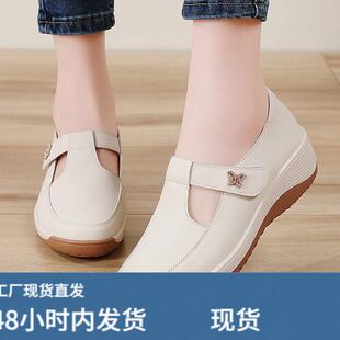 春秋季新款透气妈妈魔术贴小白鞋女中跟休闲单鞋鞋女士软底不累脚