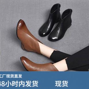 2026新款春秋单靴低跟小短靴女圆头平底软皮秋冬季加绒妈妈真皮鞋