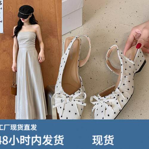 波点坡跟低跟包头凉鞋女款2026新款夏季配裙子气质侧空玛丽珍单鞋