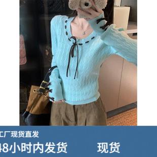 甜辣妹蝴蝶结系带绞花毛衣针织打底衫女内搭修身绝美长袖上衣秋冬