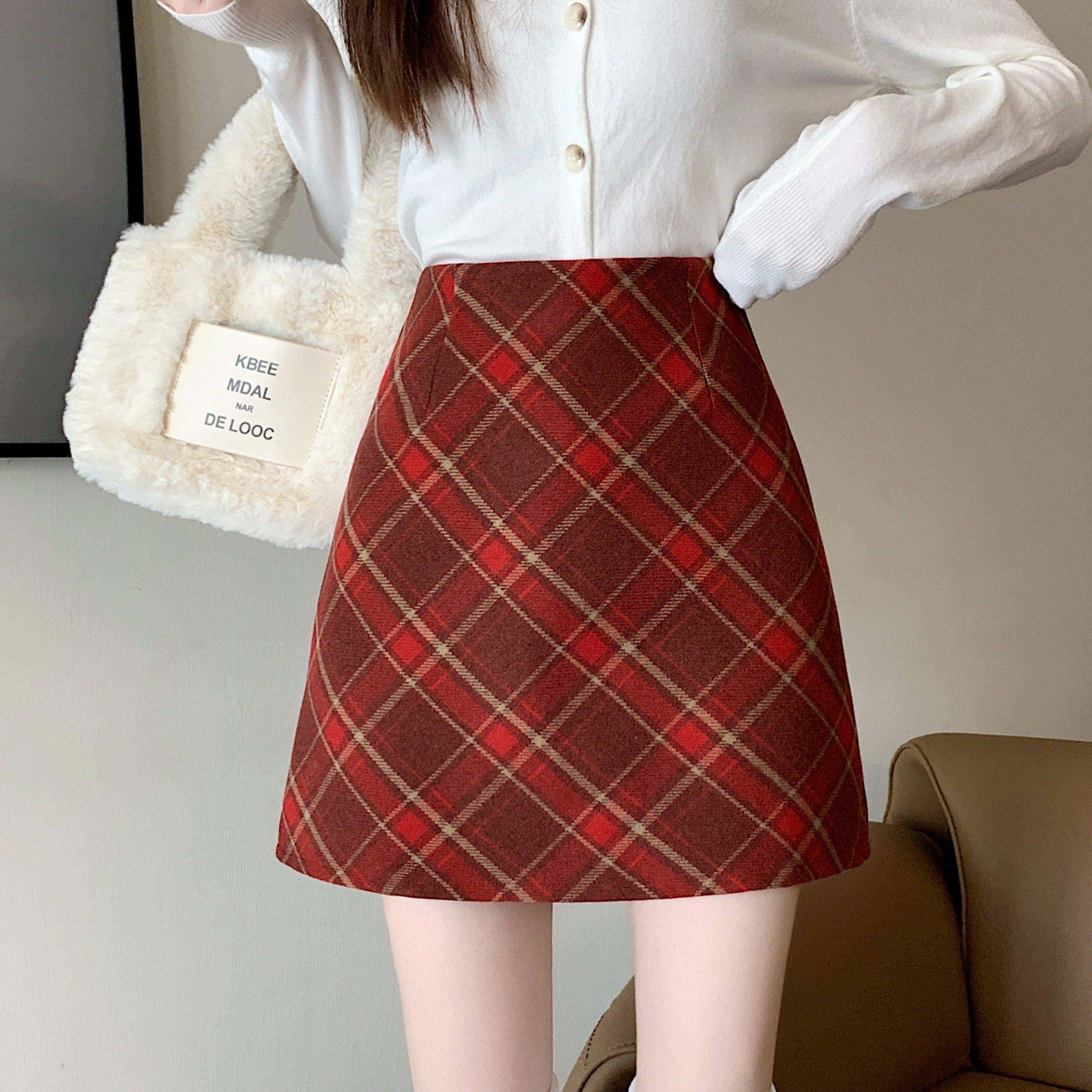 大码红色格子加厚毛呢半身短裙女冬季巨好看的半裙胖mm高腰a字裙,运动/瑜伽/健身/球迷用品,瑜伽短裙,淘宝优惠券,粉丝福利购,淘宝优惠卷