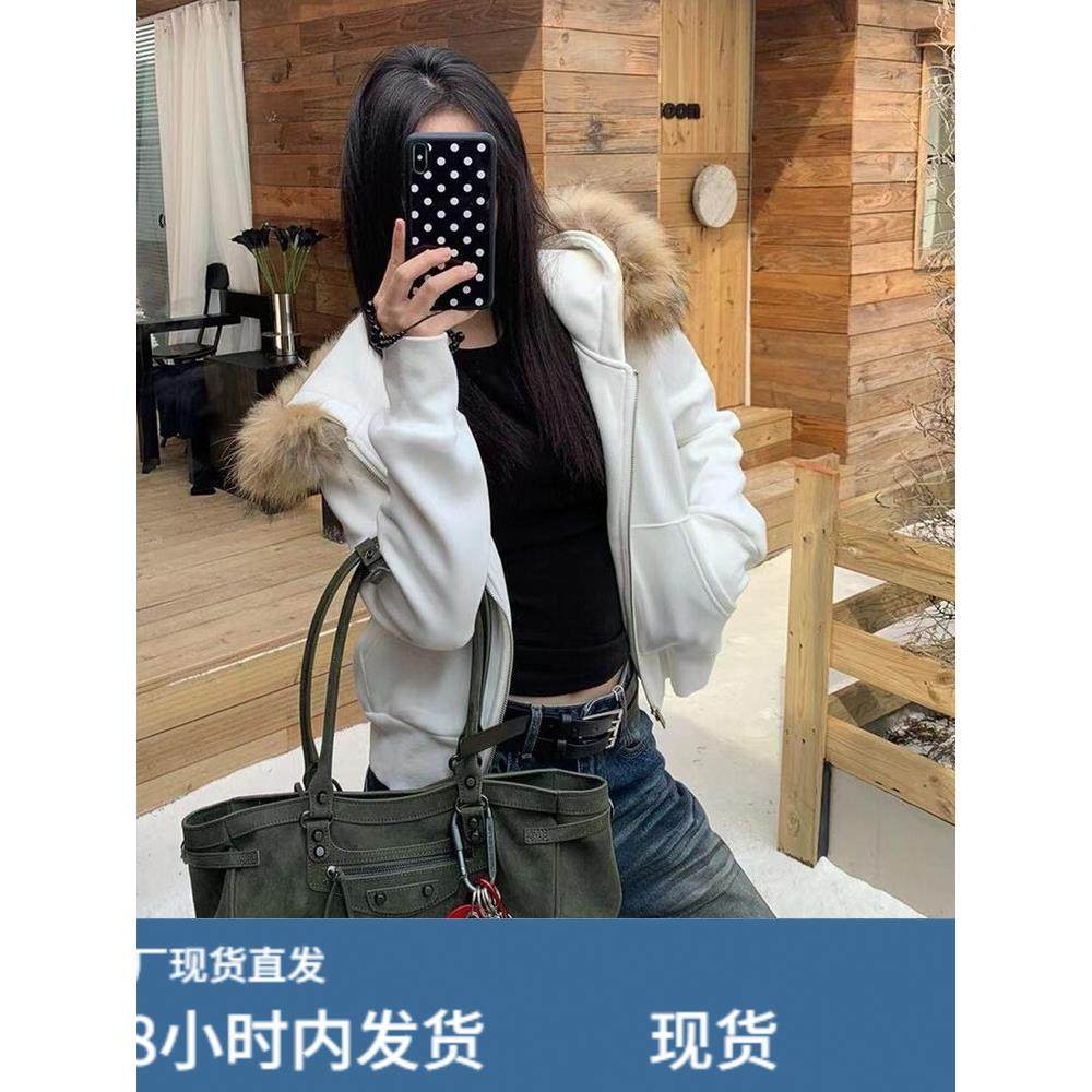 美式设计感毛领连帽白色卫衣女春秋薄款外套百搭长袖短款气质上衣,运动/瑜伽/健身/球迷用品,广场舞套装,淘宝优惠券,粉丝福利购,淘宝优惠卷