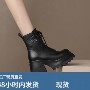 厚底女短靴松糕底马丁靴真皮圆头侧拉炼短筒女士单靴高跟牛皮女靴