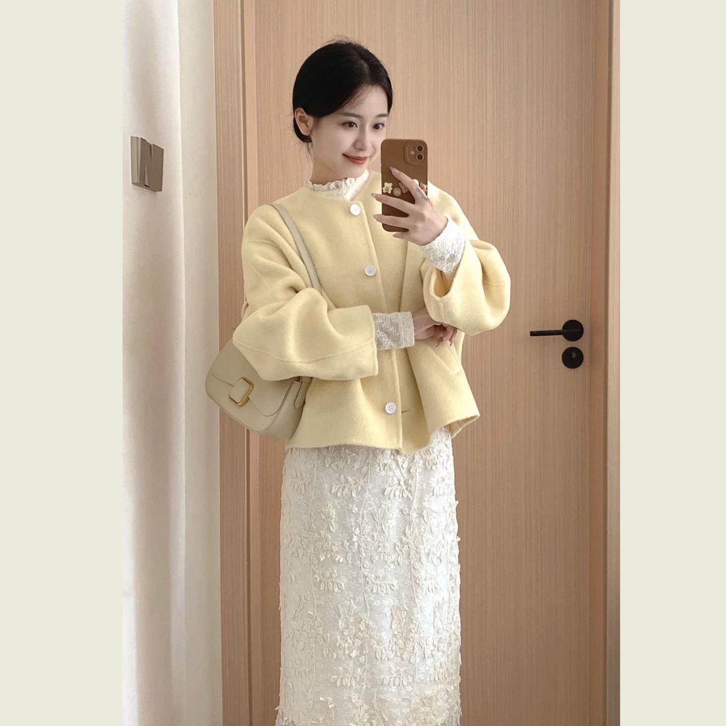 千金风小个子黄色短款毛呢外套女秋冬装高级感圆领单排扣呢子大衣,运动/瑜伽/健身/球迷用品,广场舞套装,淘宝优惠券,粉丝福利购,淘宝优惠卷