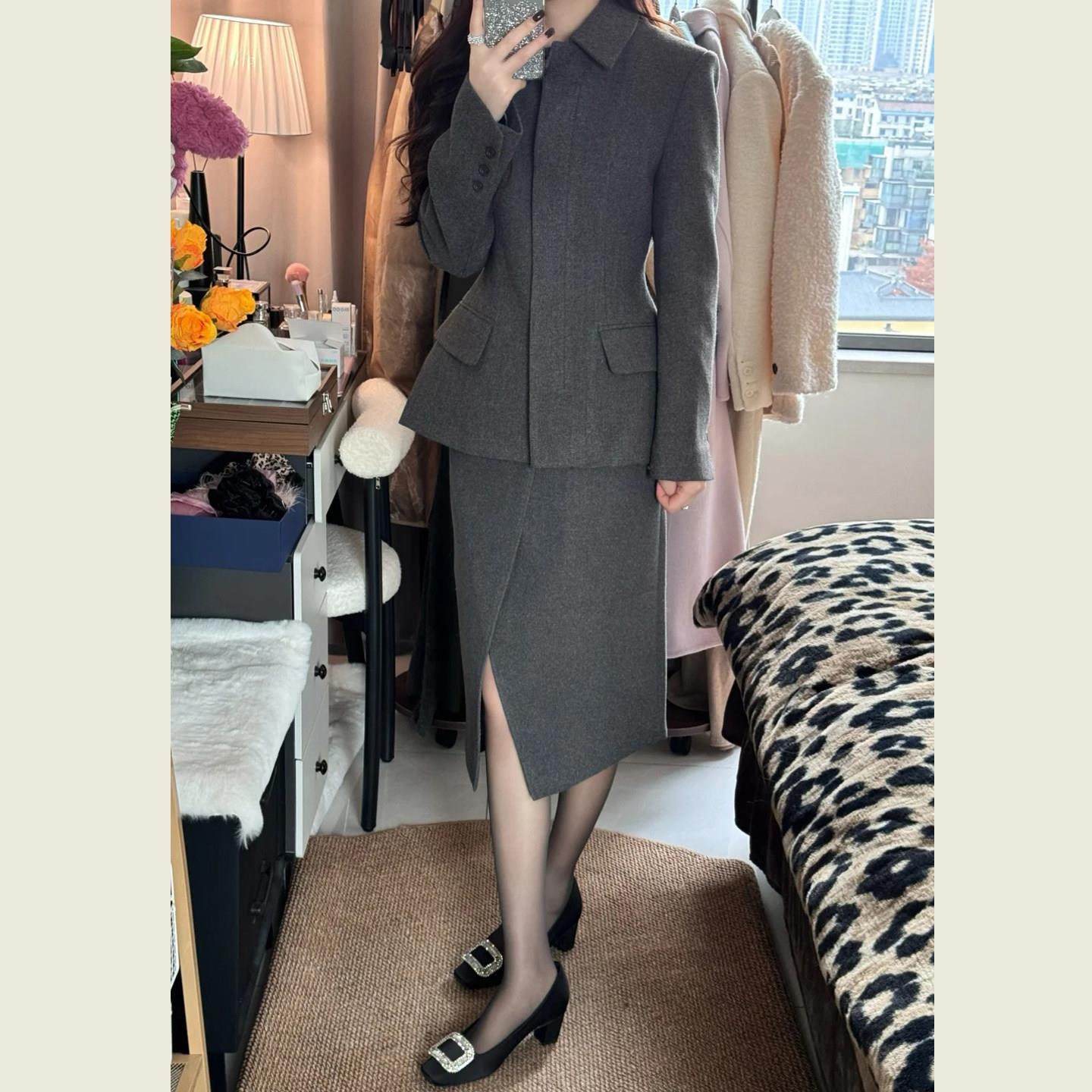韩系灰色毛呢西装套装裙女秋冬新款收腰西服外套开叉半身裙两件套,运动/瑜伽/健身/球迷用品,广场舞套装,淘宝优惠券,粉丝福利购,淘宝优惠卷
