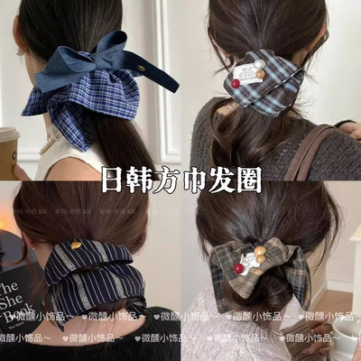 新年毛呢格子英伦风方巾发圈大肠圈女方形侧低马尾发绳扎头发盘绳