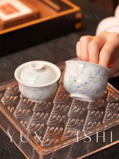 予昔时 迷你布袋绿梅叠叠乐 原矿泥釉盖碗杯全套 景德镇50c