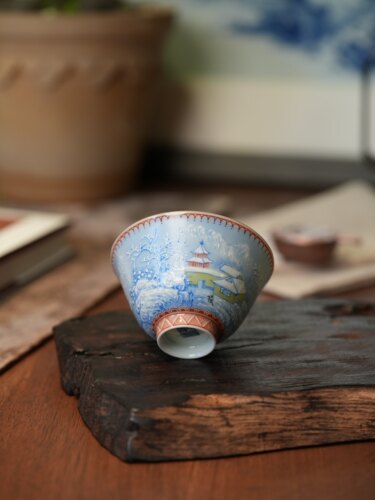 予昔时 粉彩手绘纯金口雪景杯 景德镇手绘 75cc