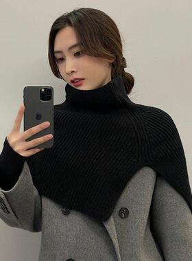 2025新款套头围脖秋冬季女针织高领大衣围巾斗篷披肩外搭黑色毛衣