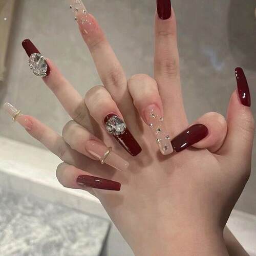 ·美甲穿戴甲2025新款酒红闪钻新娘婚纱照纯手工定制成品高级感长