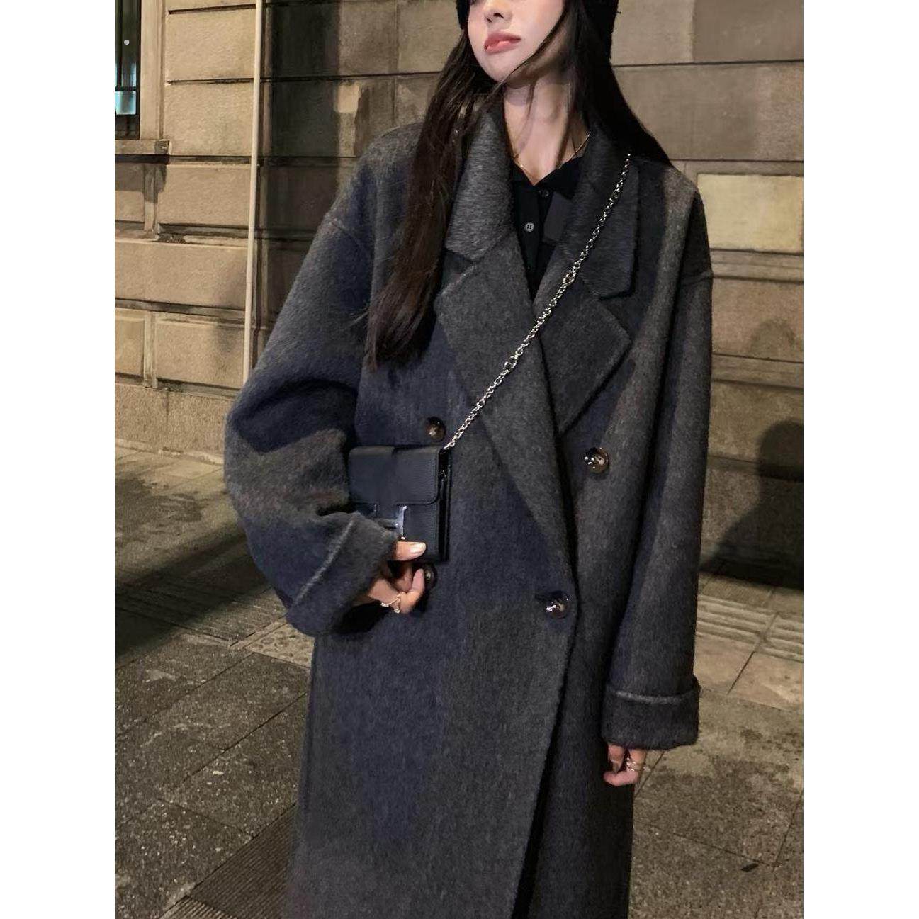 黑灰色双面羊绒大衣女2024秋冬新款中长款高级感羊毛呢子韩系外套,女装/女士精品,毛呢外套,淘宝优惠券,粉丝福利购,淘宝优惠卷