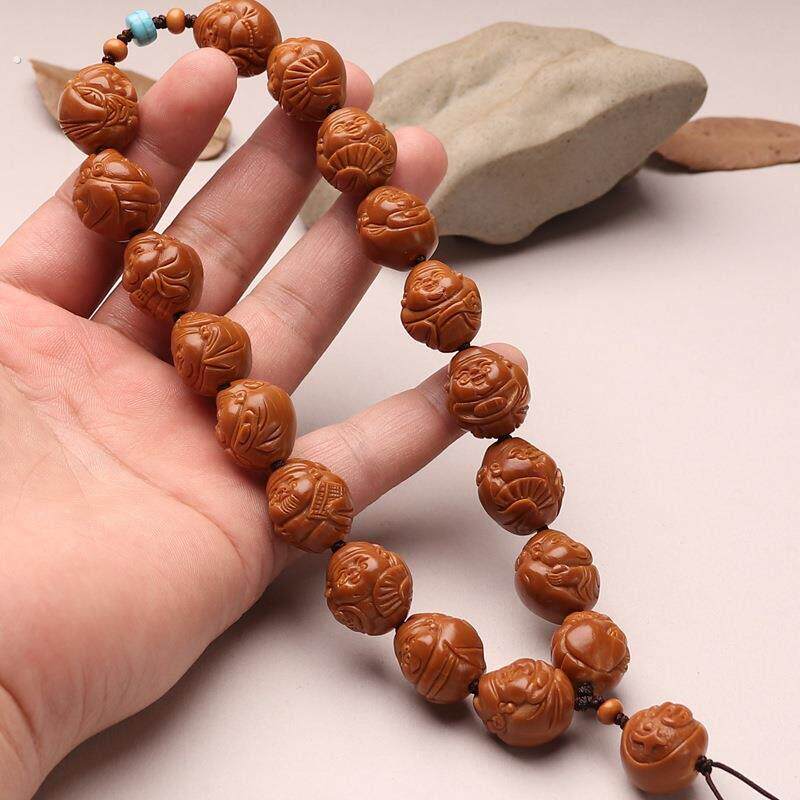 1.7铁核橄榄核小籽雕刻短圆长串十八路财神手串文玩可爱手持手工