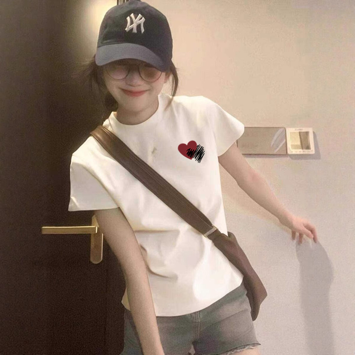 白色短袖t恤女2026夏季欧货大版宽松爱心烫画双心男女情侣装上衣