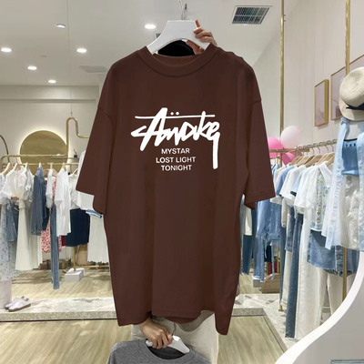 磨毛短袖t恤女宽松中长款加厚款