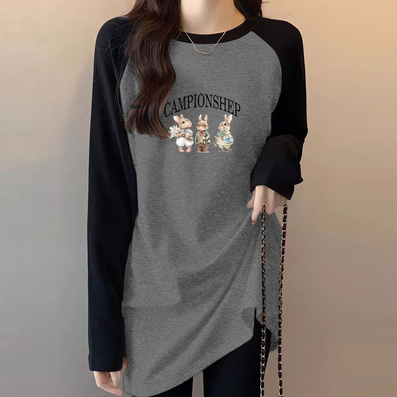 复古长袖T恤女磨毛款中长款黑拼灰插肩拼色休闲上衣打底衫秋冬季,女装/女士精品,T恤,淘宝优惠券,粉丝福利购,淘宝优惠卷