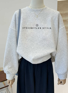美式复古花灰色圆领无帽卫衣女2025秋冬季宽松小个子加绒加厚上衣