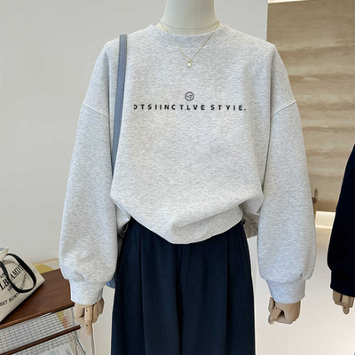 美式复古花灰色圆领无帽卫衣女款