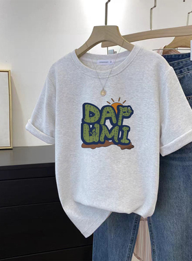 正肩磨毛韩式ins风短袖T恤女灰色字母印花时尚百搭减龄上衣打底衫