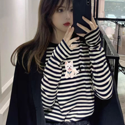 条纹纯棉长袖T恤秋装女款设计感