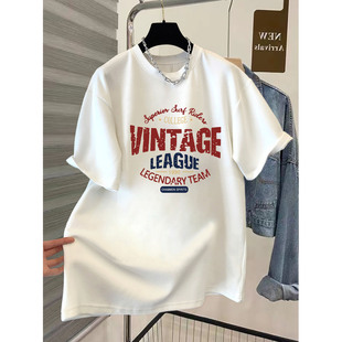 春秋季 纯棉磨毛短袖 上衣加厚打底衫 宽松休闲白色半袖 t恤女中长款