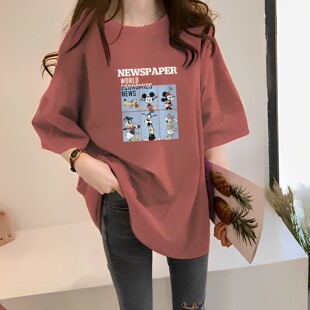 砖红色短袖t恤女中长款宽松大码休闲纯棉上衣半袖韩版ins百搭夏潮