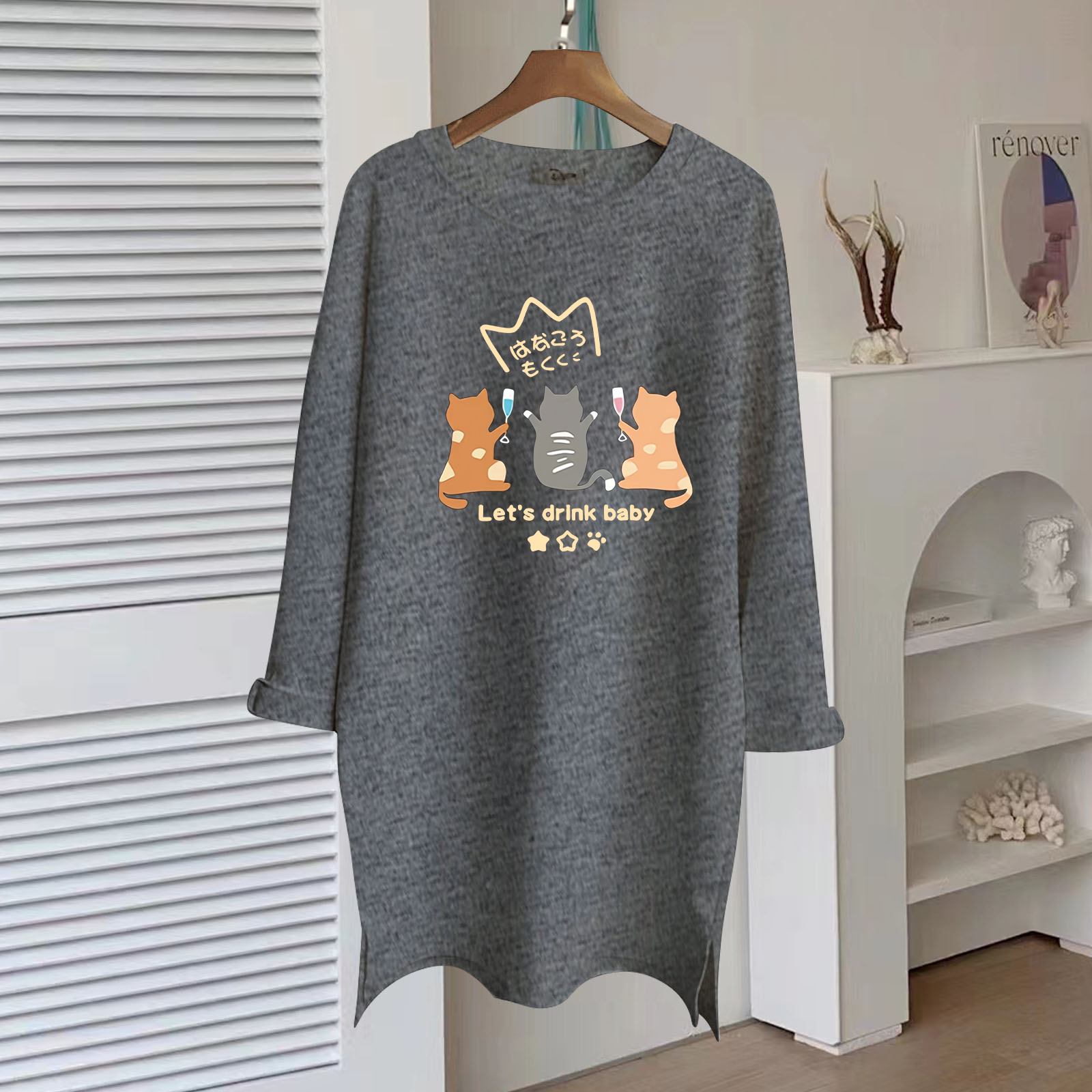 2025新款加厚磨毛长袖t恤女中长款搭配鲨鱼裤灰色上衣春夏秋季