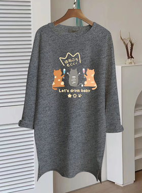 2025新款加厚磨毛长袖t恤女中长款搭配鲨鱼裤灰色上衣春夏秋季