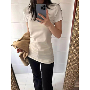 T恤女夏季 搭配瑜伽裤 圆领修身 打底衫 上衣 中长款 白色纯棉正肩短袖