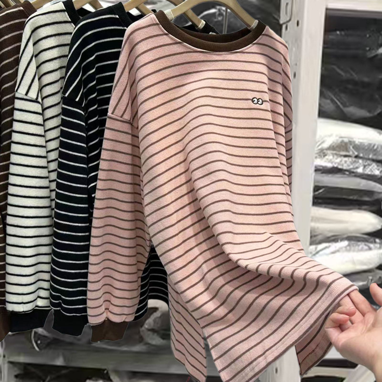 澳绒宽松条纹长袖t恤女时尚上衣