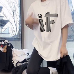 t恤女2025新款 宽松上衣百搭显瘦中长款 纯棉短袖 夏季 搭鲨鱼裤 大码