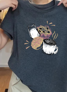 正肩磨毛纯棉短袖t恤女灰色加厚款打底衫上衣2025新款春夏秋冬季