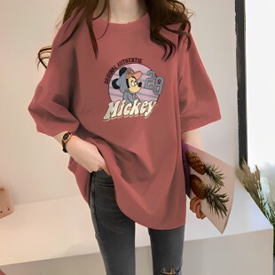 纯棉短袖t恤女中长款2026新款韩版宽松休闲简约减龄砖红色上衣夏