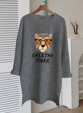 加厚磨毛宽松中长款长袖T恤女灰色时尚洋气纯棉上衣打底衫秋冬季