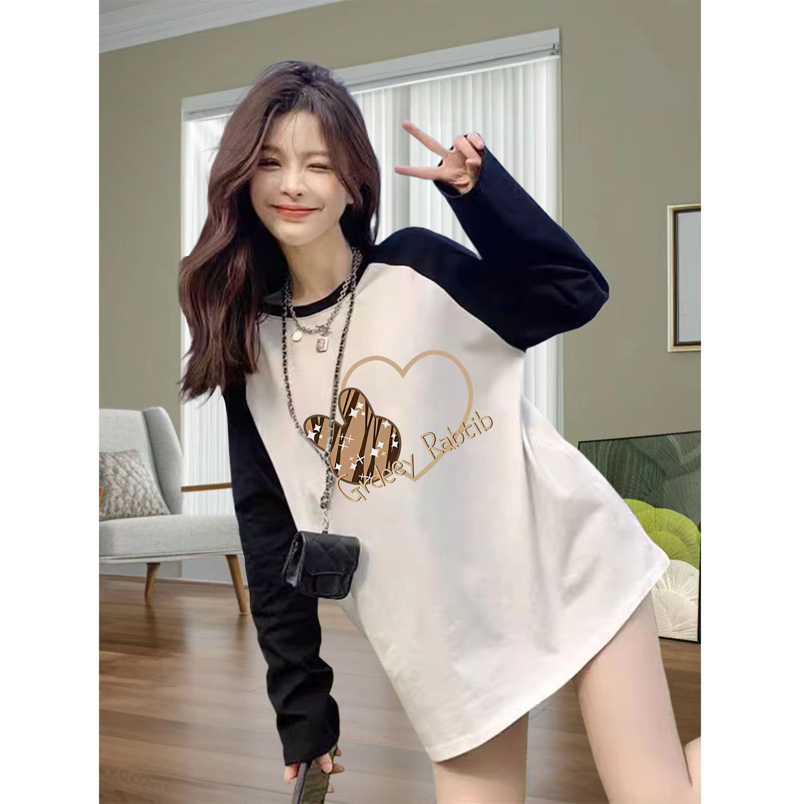 长袖撞色中长款加厚宽松大码磨毛