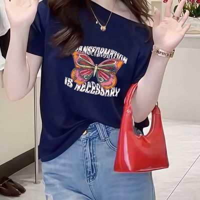 慵懒风斜肩小众短袖t恤女夏独特
