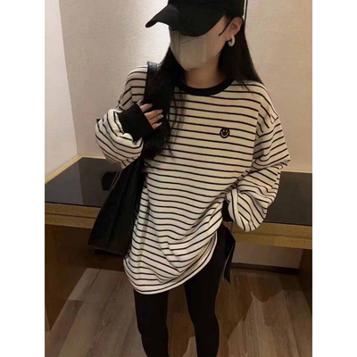 条纹打底衫女秋冬德绒上衣新款潮