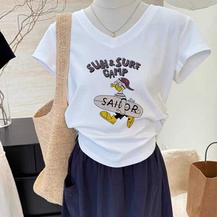 印花显瘦设计感纯棉上衣夏季 2025新款 时尚 正肩纯棉短袖 t恤女韩版