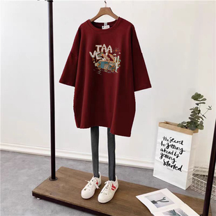 春夏季中长款正肩圆领短袖T恤女洋红色磨毛体恤上衣宽松休闲百搭