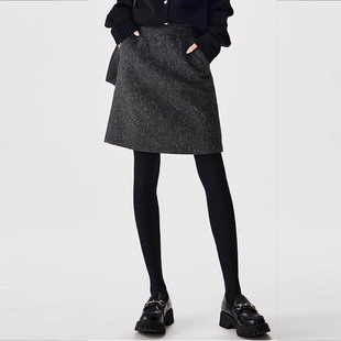 人字纹毛呢半身裙女秋冬高腰显瘦A字短裙灰色半裙冬季超好看裙子