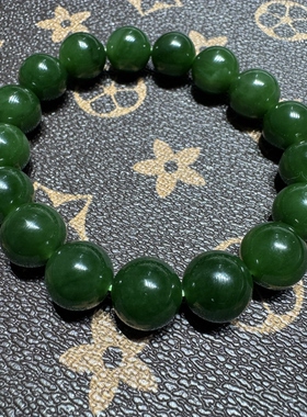 精品新疆和田玉菠菜绿碧玉手串手链直径12圆珠手链油性十足玉质老