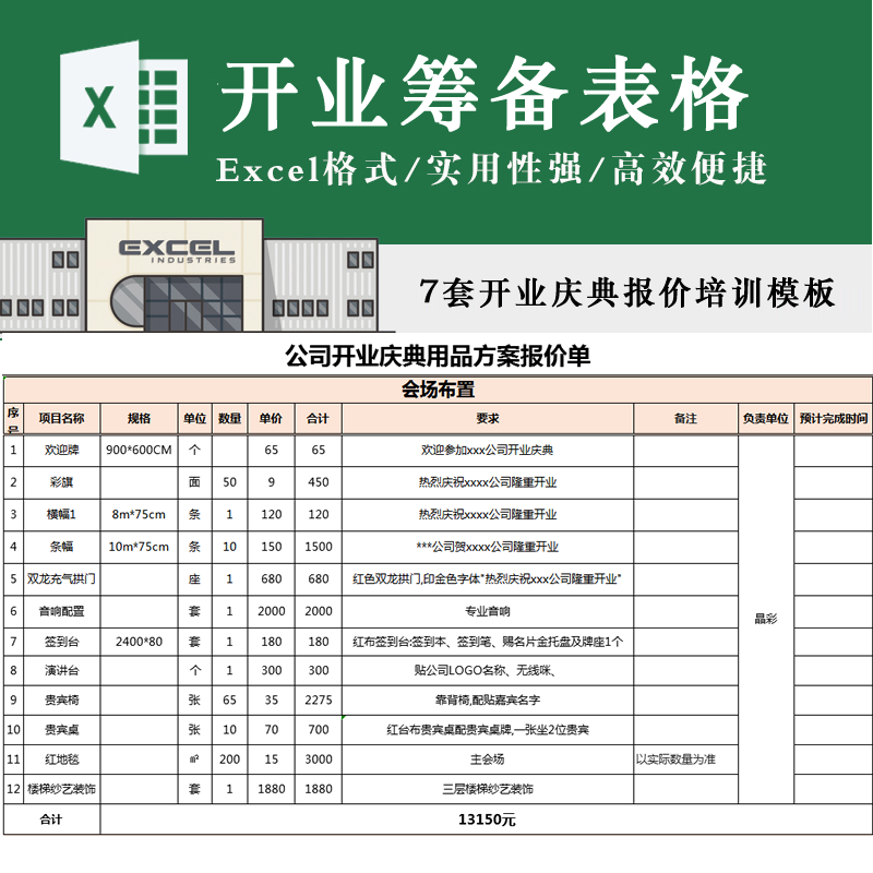 店铺开业筹备表格公司开业庆典活动报价餐饮开店计划单Excel模板