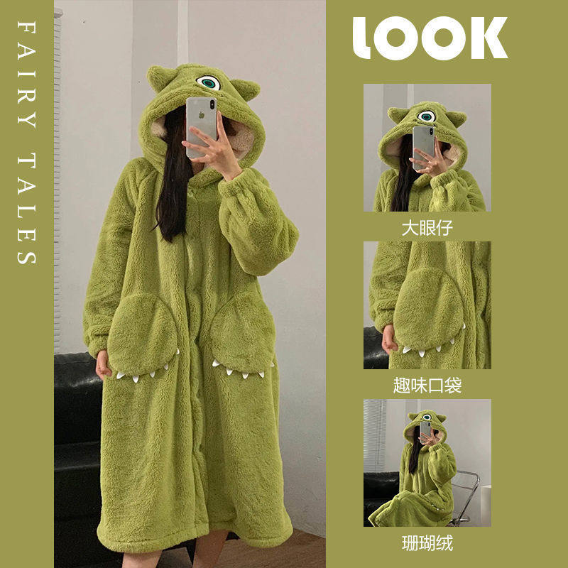 CORAL VELVET PAJAMAS WOMENS AUTUMN AND WINTER THICKENED WARM LONG DRESSING GOWNS INTERNET CELEBRITY CUTE CARTOON BATHROBE BIG EYES BOY SET