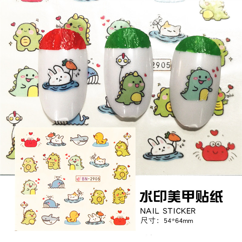 10张包邮水印美甲贴纸指甲油胶贴花恐龙熊猫动物头像柯基兔子小羊
