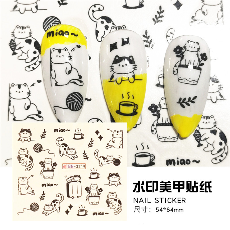 10张包邮INS风童趣水印美甲贴纸网红可爱黑猫咪动物指甲配饰贴花