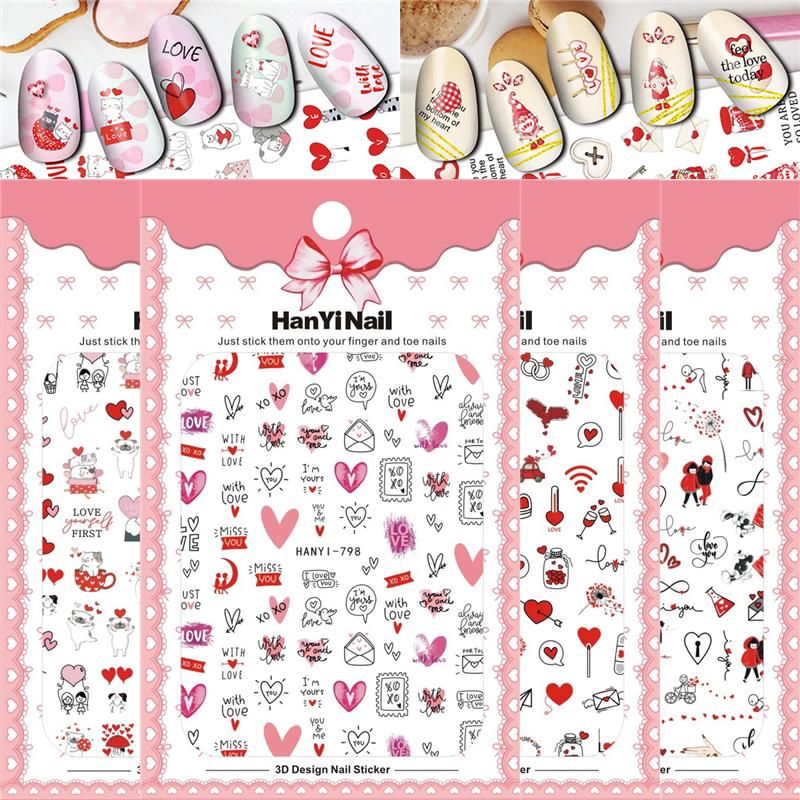 10张包邮相亲背胶美甲贴纸指甲油胶贴花七夕情人节爱心泰迪熊芭比