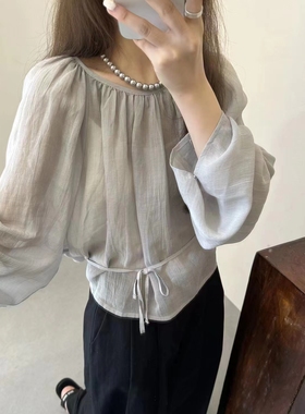 FN爱与南希2024夏季新款韩系圆领褶皱落肩长袖舒适防晒小衫22475