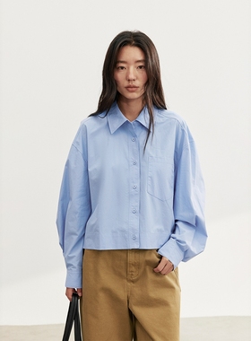 FN爱与南希2025秋韩系纯棉翻领前短后长单排扣宽松长袖衬衫02723